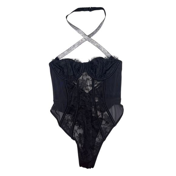 Victoria's Secret Very Sexy Shine Strap Halter Lace Teddy Black Size Medium - Picture 1 of 6